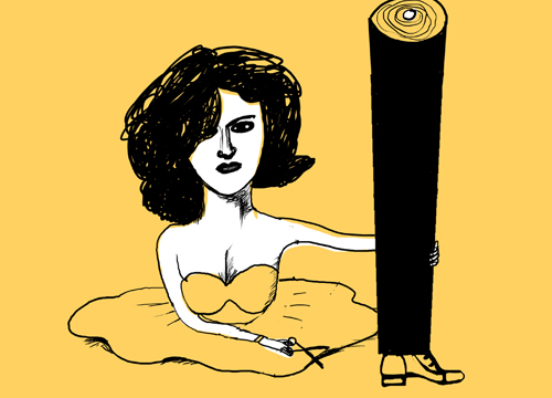 Ilustración de una mujer con unas tijeras en una mano y en la otra una pierna con un fondo amarillo. Arnal Ballester